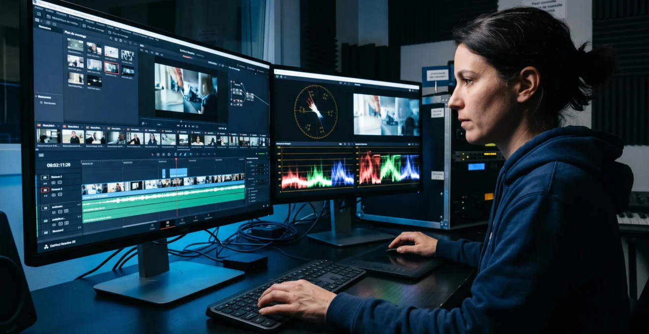 Écran ordinateur affichant interface logiciel montage vidéo professionnel avec timeline multipistes et preview, second écran avec scopes colorimétriques, mains sur clavier et trackpad, studio postproduction éclairage tamisé