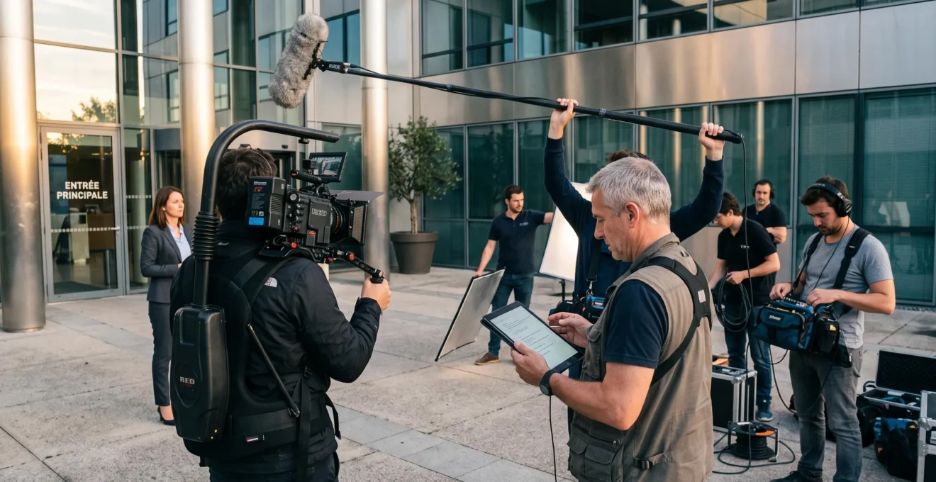 Équipe de trois professionnels filmant un tournage corporate extérieur : chef opérateur avec caméra cinéma, perchiste avec micro directionnel et réalisateur consultant tablette, devant façade entreprise moderne en verre et métal, lumière naturelle dorée