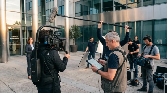 Équipe de trois professionnels filmant un tournage corporate extérieur : chef opérateur avec caméra cinéma, perchiste avec micro directionnel et réalisateur consultant tablette, devant façade entreprise moderne en verre et métal, lumière naturelle dorée