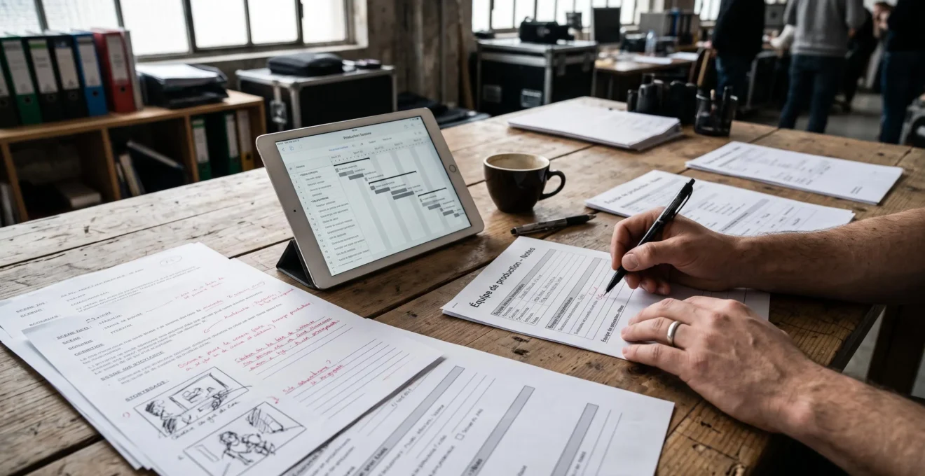 Table de travail production avec documents brief créatif annotés au stylo, storyboard papier, tablette affichant planning Gantt en français, mains professionnelles annotant, bureau lumineux fenêtres industrielles